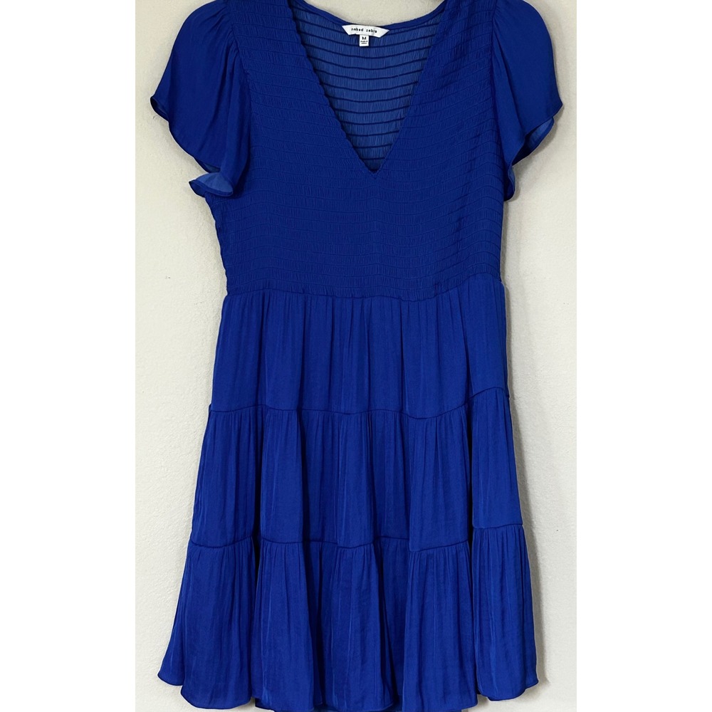 Naked Zebra Royal Blue Smocked Tiered Mini Dress V-Neck Flutter Sleeve Medium
